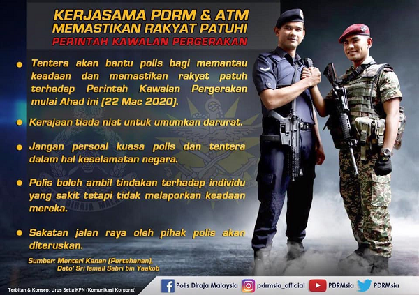 Kerjasama PDRM ATM memastikan rakyat patuhi Perintah Kawalan Pergerakan
