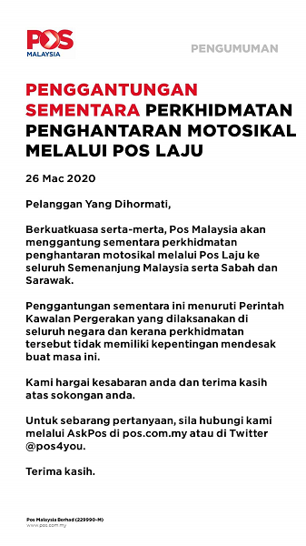 Makluman Penggantungan Sementara Perkhidmatan Penghantaran Motorsikal Melalui Pos Laju