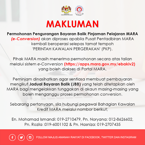 16Makluman mengenai Permohonan Pengurangan Bayaran Balik Pinjaman Pelajaran MARA e Conversion