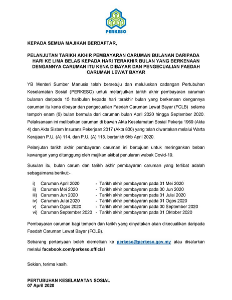 17Pelanjutan Tarikh Akhir Pembayaran Caruman Bulanan PERKESO