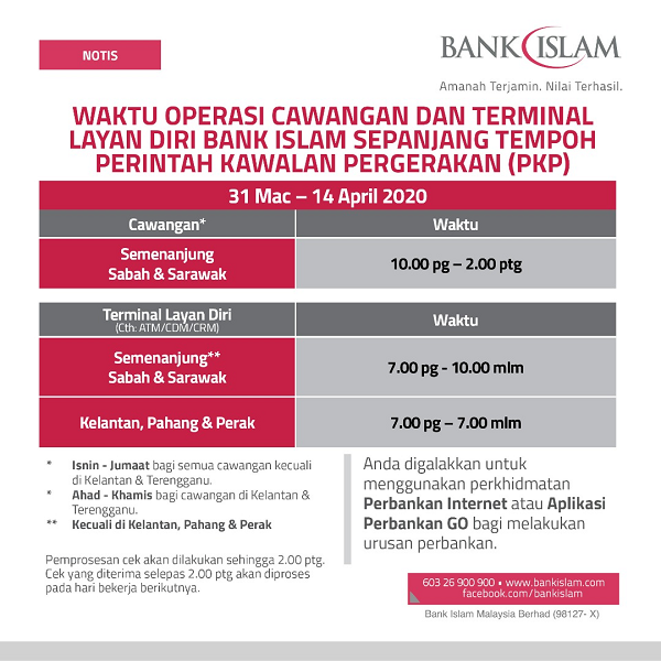8Waktu Operasi Cawangan Terminal Layan Diri Bank Islam sepanjang PKP