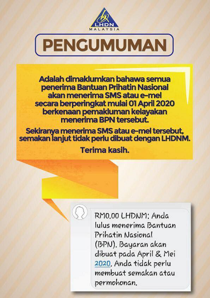 Makluman kepada penerima BPN melalui SMS atau E mel kelayakan