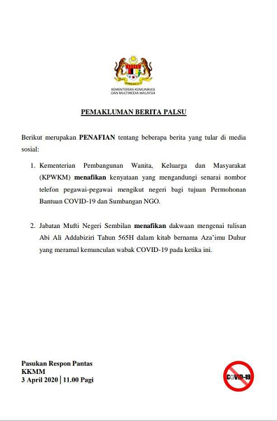 Pemakluman Berita Palsu 3 April 2020 11 pagi