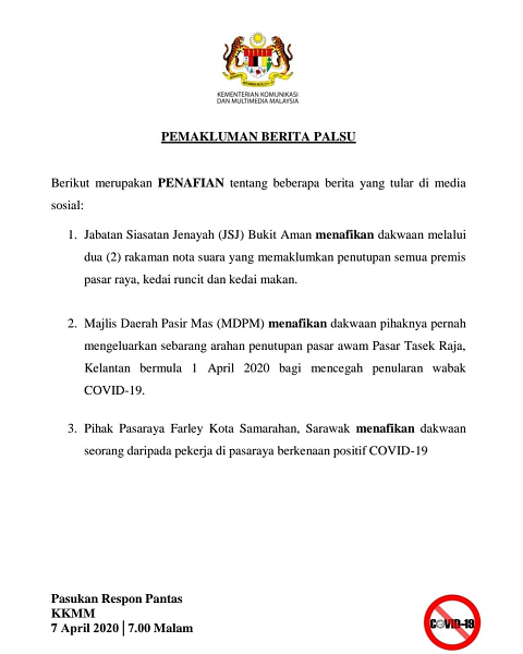 Pemakluman Berita Palsu 7 April 2020. 7 mlm