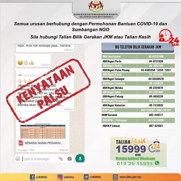 Talian Bilik Gerakan JKM atau Talian Kasih Sumbangan NGO utk COVID 19