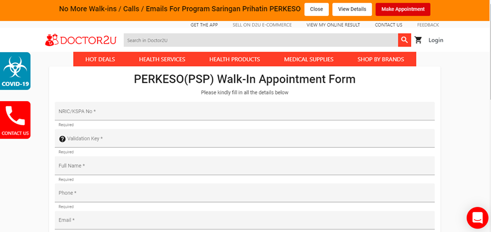 PSP Perkeso 2 walk in appointment form