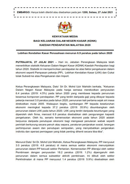 1KELUARAN DALAM NEGERI KASAR KDNK KAEDAH PENDAPATAN MALAYSIA 2020