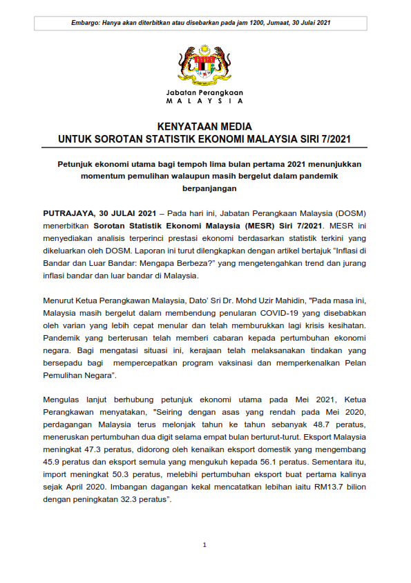 1SOROTAN STATISTIK EKONOMI MALAYSIA MESR SIRI 7 2021