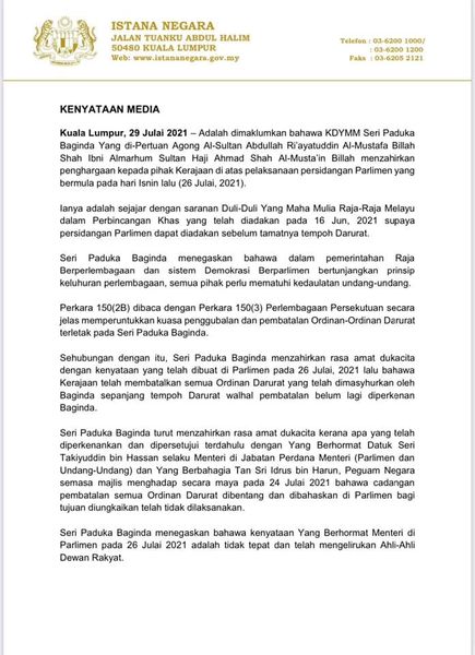 29 JULAI 2021 KENYATAAN MEDIA ISTANA NEGARA 1