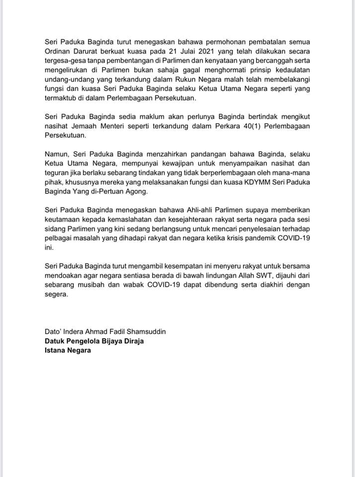 29 JULAI 2021 KENYATAAN MEDIA ISTANA NEGARA 2