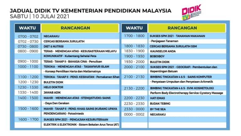 Jadual DidikTV KPM Sabtu 10 Julai 2021