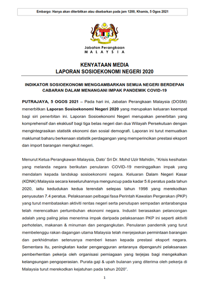 1LAPORAN SOSIOEKONOMI NEGERI 2020