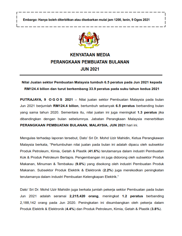 1STATISTIK PEMBUATAN BULANAN MALAYSIA JUN 2021
