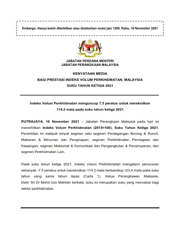 1PRESTASI INDEKS VOLUM PERKHIDMATAN MALAYSIA SUKU TAHUN KETIGA 2021