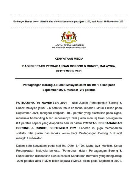 1PRESTASI PERDAGANGAN BORONG RUNCIT MALAYSIA SEPTEMBER 2021