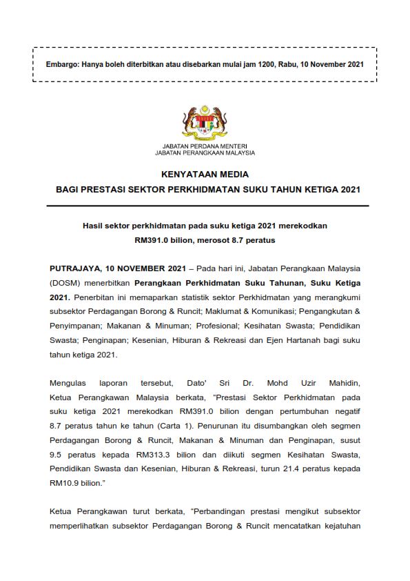 1PRESTASI SEKTOR PERKHIDMATAN SUKU TAHUN KETIGA 2021