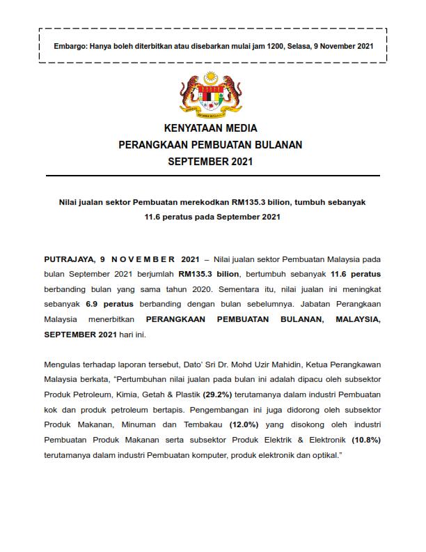 1STATISTIK PEMBUATAN BULANAN MALAYSIA SEPTEMBER 2021