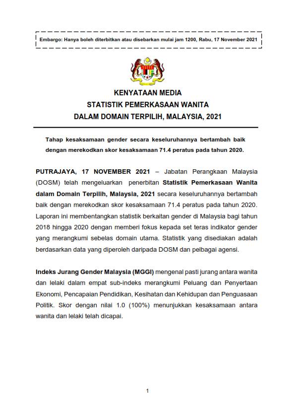 1STATISTIK PEMERKASAAN WANITA DALAM DOMAIN TERPILIH MALAYSIA 2021