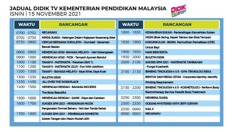 Jadual DidikTV KPM Isnin 15 November 2021