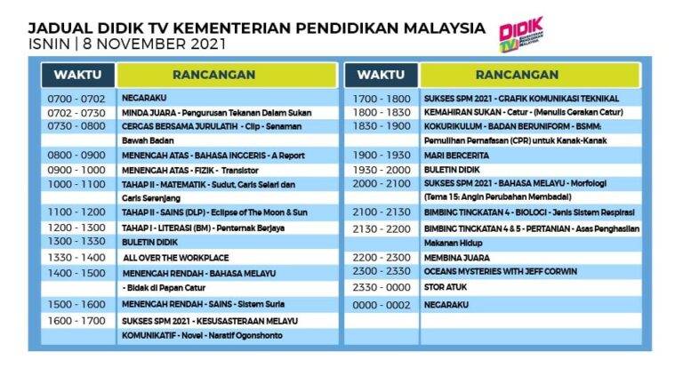 Jadual DidikTV KPM Isnin 8 November 2021