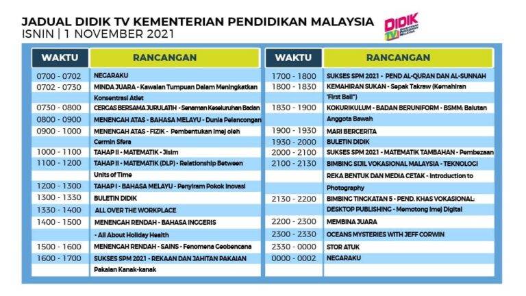Jadual DidikTV KPM Isnin 1 November 2021