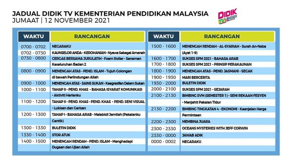 Jadual DidikTV KPM Jumaat 12 November 2021