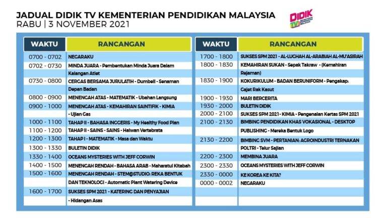 Jadual DidikTV KPM Rabu 3 November 2021