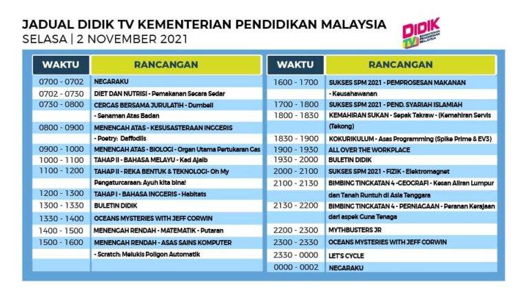 Jadual DidikTV KPM Selasa 2 November 2021