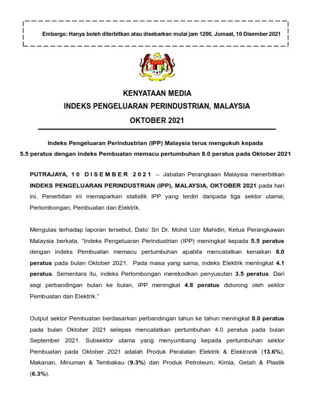 1INDEKS PENGELUARAN PERINDUSTRIAN MALAYSIA OKTOBER 2021