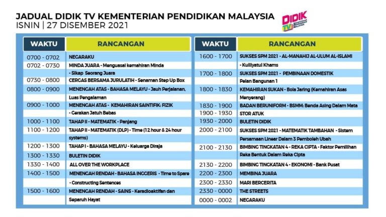 Jadual DidikTV KPM Isnin 27 Disember 2021