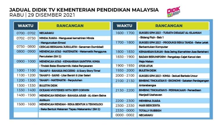 Jadual DidikTV KPM Rabu 29 Disember 2021